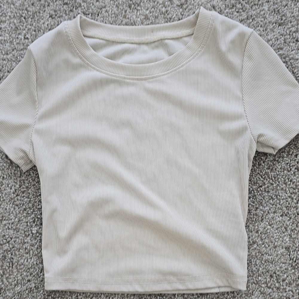 Beige Ribbed Short Sleeve Top